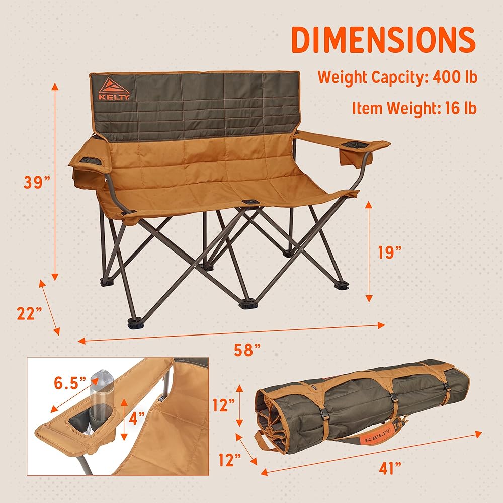 Kelty Loveseat Oversized 2-Person Heavy Duty Folding Camp Chair, Double Seat for Soccer Games, Tailgating, Beach Days (Regular Height/Beluga)