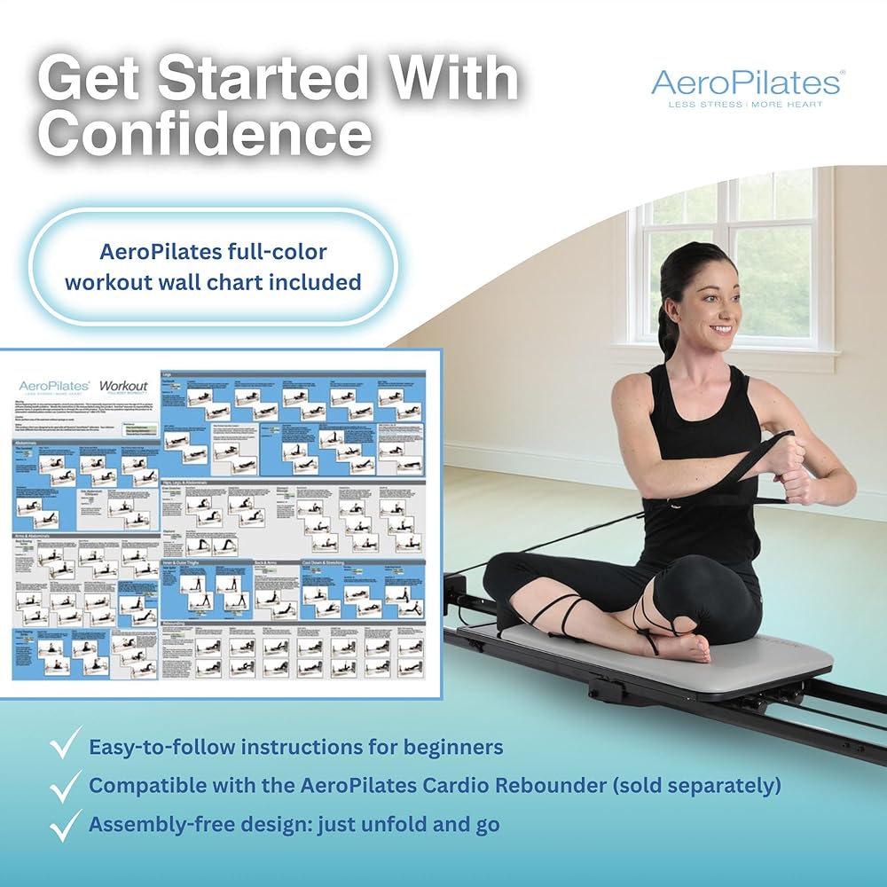 Stamina Products AeroPilates 287 Pilates Reformer – Home Gym Equipment with Adjustable Headrest, Padded Foot Bar, 3 Resistance Cords, and 2 Workout DVDs