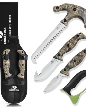 Mossy Oak Field Dressing Kit, 4 Pcs Camouflage Hunting Knife Set with Sheath, Gut-Hook Skinner, Caping Knife, Wood/Bone Saw, Knife Sharpener, for Deer Hunting, Camping, Perfect Hunting Gifts for Men