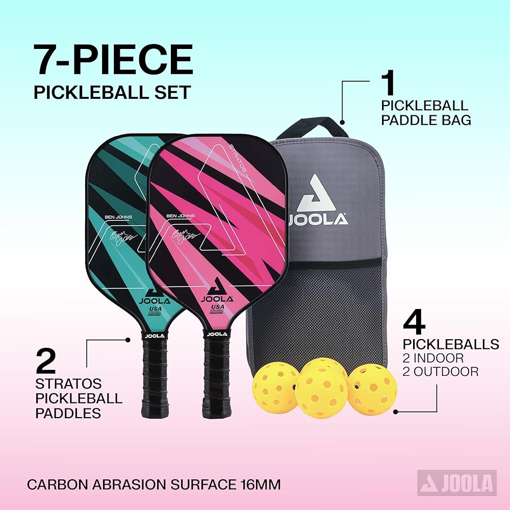 JOOLA Ben Johns Pickleball Set - Made with Reinforced Fiberglass and Honeycomb Polypropylene - Includes 2 Paddles, 4 Balls, and JOOLA Pickleball Bag