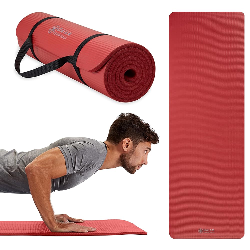 Gaiam Essentials Thick Yoga Mat Fitness & Exercise Mat with Easy-Cinch Carrier Strap, Red, 72"L X 24"W X 2/5 Inch Thick