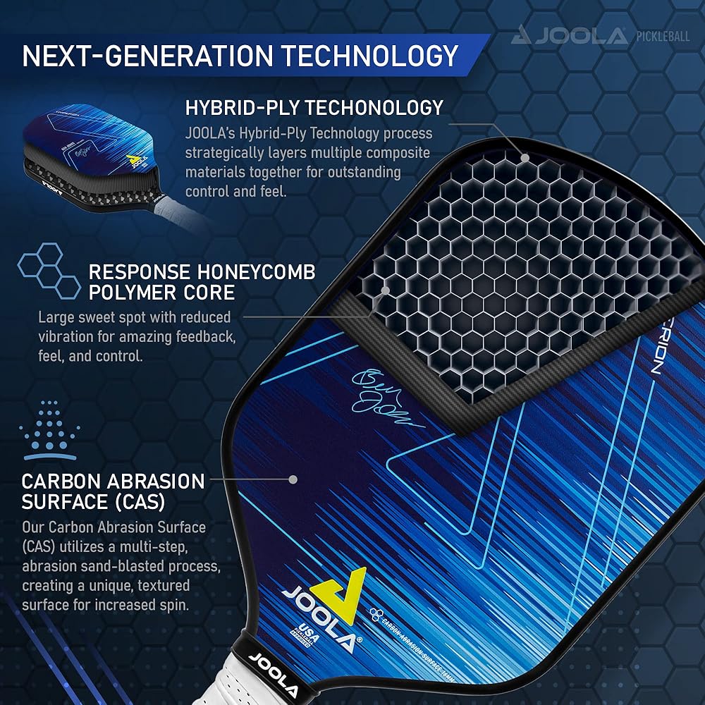 JOOLA Ben Johns Hyperion Pickleball Paddle - Carbon Surface, High Grit & Spin, Elongated Handle, Polypropylene Honeycomb Core, Custom Cover