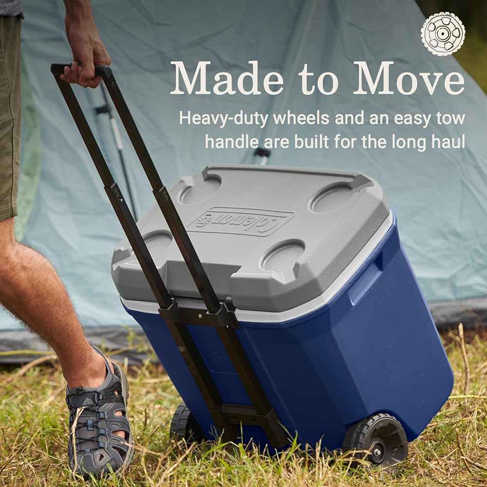 Coleman Classic Series Insulated Portable Rolling Cooler with Wheels, Leak-Resistant Outdoor Hard Cooler Keeps Ice up to 5 Days, 65-Quart