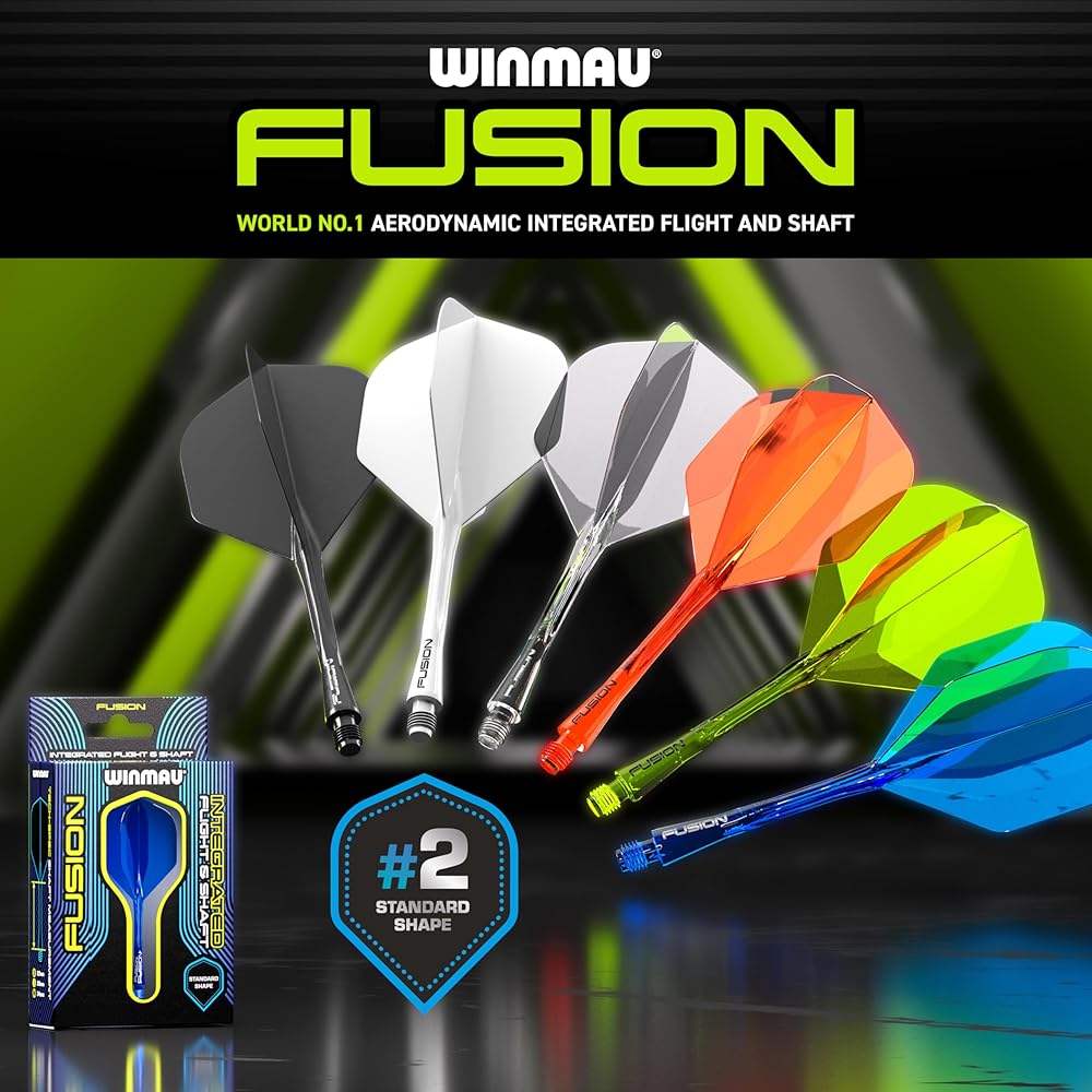 Winmau Darts Fusion Integrated Flight & Shaft System - No.2 Shape & Design - Black Colour, Medium Length