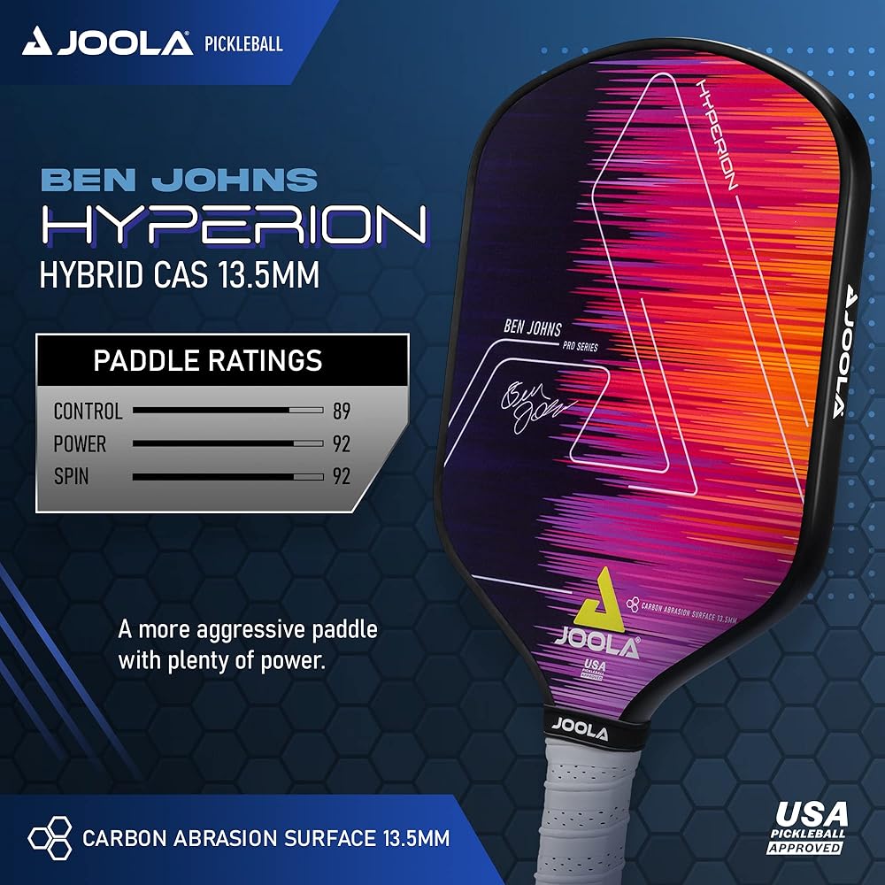 JOOLA Ben Johns Hyperion Pickleball Paddle - Carbon Surface, Elongated Handle, Polypropylene Core, Custom Cover