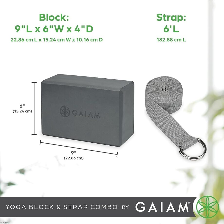 Gaiam Yoga Block & Yoga Strap Combo Set - Yoga Block with Strap, Pilates & Yoga Props to Help Extend & Deepen Stretches, Yoga Kit for Stability, Balance & Optimal Alignment - Black