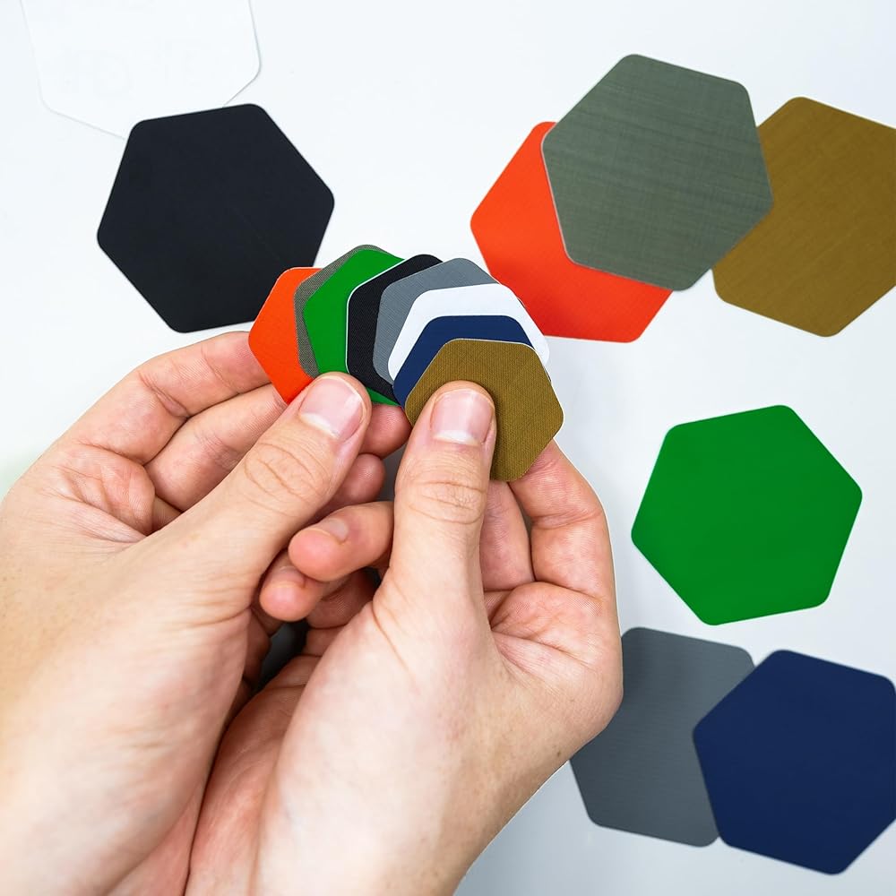 GEAR AID Tenacious Tape Hex 2.5” and 1.5” Shapes, Micro-Ripstop Outdoor Fabric Repair Patches, Peel-and-Stick to Fix Holes and Burns in Down Jackets, Rain Gear, Tents, Tarps and More, Green, 8 Patches