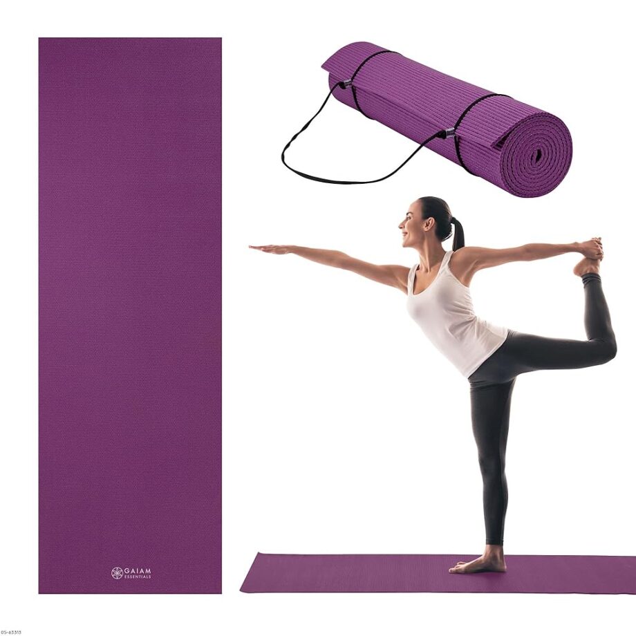Gaiam Essentials Premium Yoga Mat with Yoga Mat Carrier Sling, Purple, 72 InchL x 24 InchW x 1/4 Inch Thick