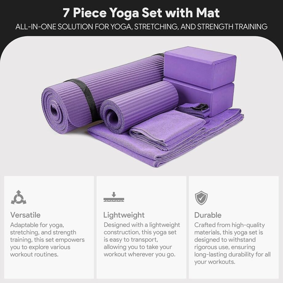 BalanceFrom GoYoga 7-Piece Set - Include Yoga Mat with Carrying Strap, 2 Yoga Blocks, Hand Towel and Knee Pad (Purple, 1/2"-Thick Mat)