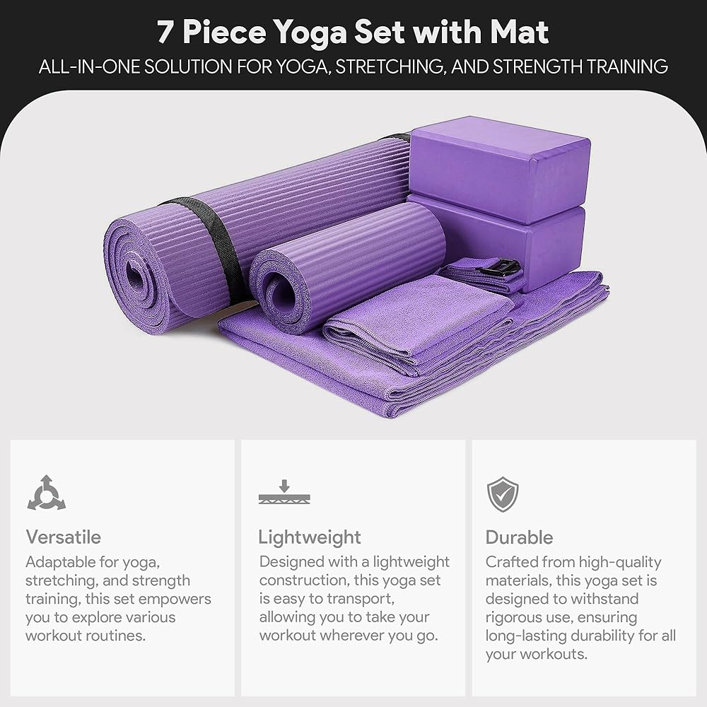 BalanceFrom GoYoga 7-Piece Set - Include Yoga Mat with Carrying Strap, 2 Yoga Blocks, Hand Towel and Knee Pad (Purple, 1/2"-Thick Mat)