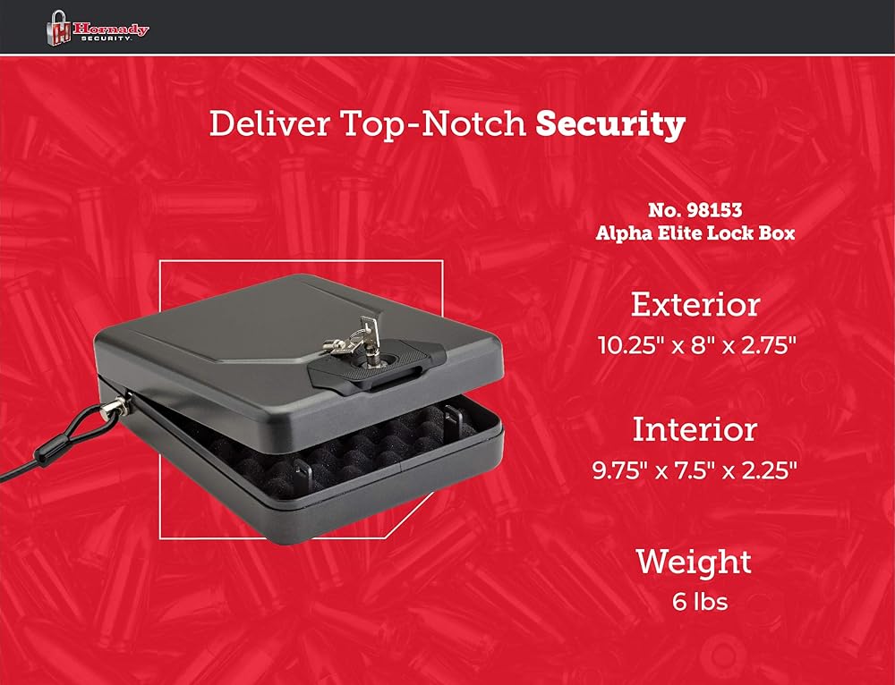 Hornady Alpha Elite Portable Lock Box for Guns and Valuables – Includes 2 Keys and 4 Foot Steel Cable – Thick 16-Gauge Steel, an Ideal Car Lock Box or Truck Safe – Black, 10.25 x 8 x 2.75 Inches