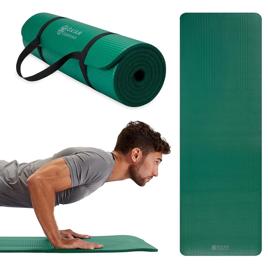 Gaiam Essentials Thick Yoga Mat - Fitness and Exercise Mat with Easy-Cinch Carrier Strap Included - Soft Cushioning and Textured Grip - Multiple Colors Options (Green, 72"L X 24"W X 2/5 Inch Thick)