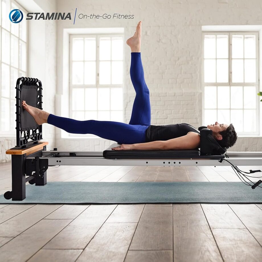 Stamina Whole Body Resistance Padded Pilates Reformer Workout System with 4 Intensity Bands for At Home Workouts, Black