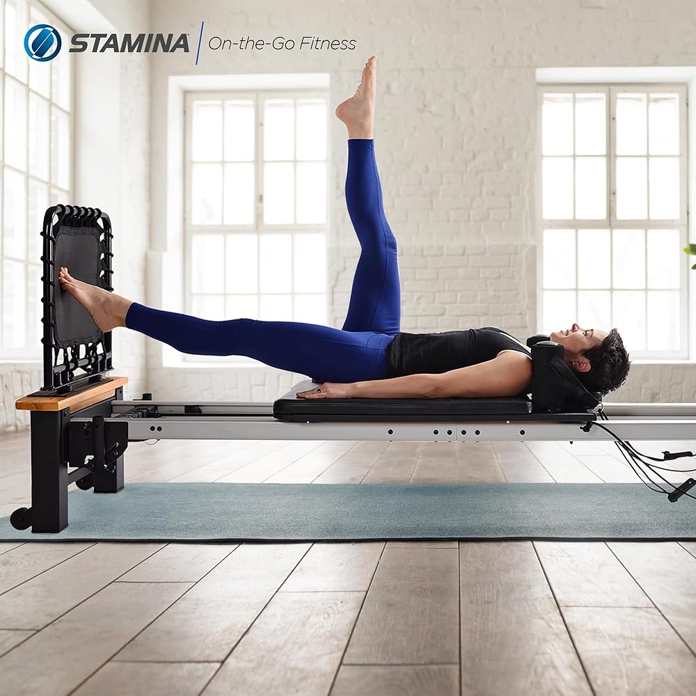 Stamina Whole Body Resistance Padded Pilates Reformer Workout System with 4 Intensity Bands for At Home Workouts, Black