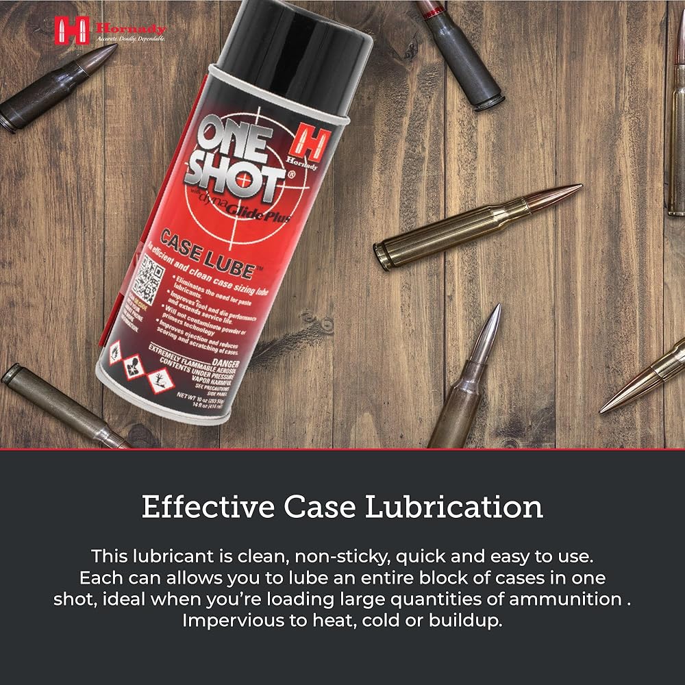 Hornady One Shot Case Lube, 10 oz / 14 fl oz – Aerosol Dry Lube, with DynaGlide Plus – Clean, Non-Sticky and Easy to Use – Contains No Petroleum, Won't Contaminate Powder or Primers