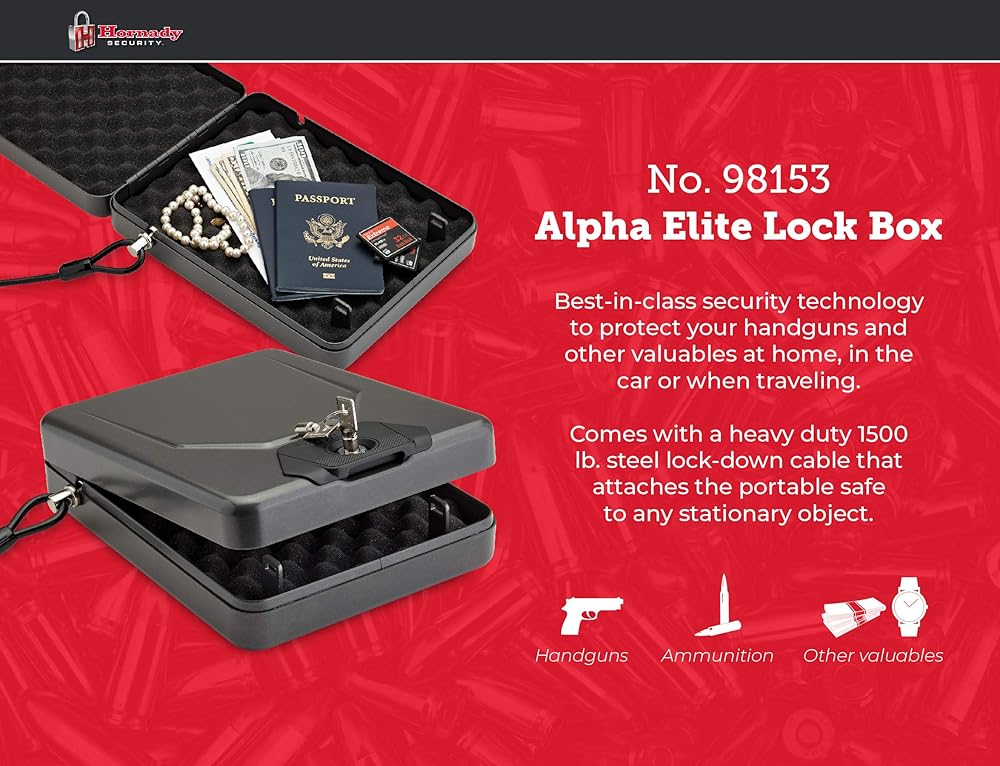 Hornady Alpha Elite Portable Lock Box for Guns and Valuables – Includes 2 Keys and 4 Foot Steel Cable – Thick 16-Gauge Steel, an Ideal Car Lock Box or Truck Safe – Black, 10.25 x 8 x 2.75 Inches