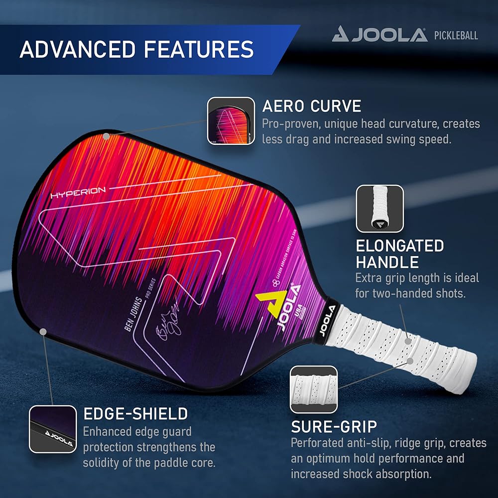 JOOLA Ben Johns Hyperion Pickleball Paddle - Carbon Surface, Elongated Handle, Polypropylene Core, Custom Cover