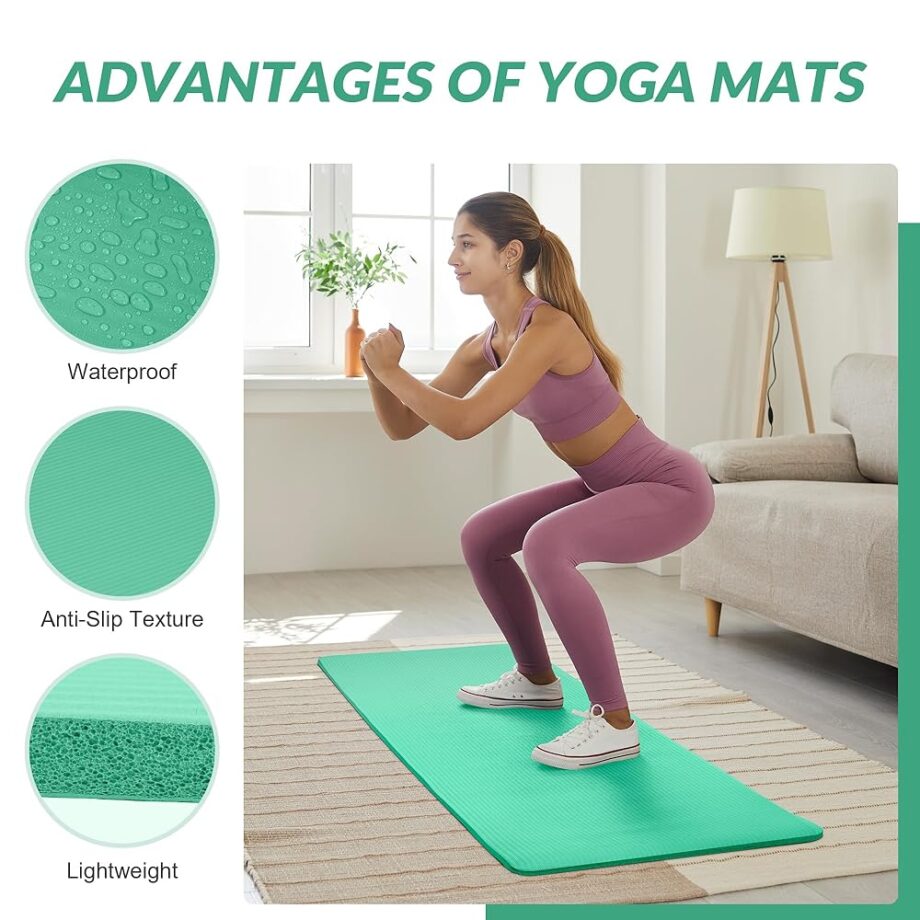 Quality Exercise Yoga Mat, 1/2-Inch Thick High-Density Foam for Full-body workout, Anti-Tear and non-slip Surface, Includes Carry Strap for Home & Studio Workouts, Aqua