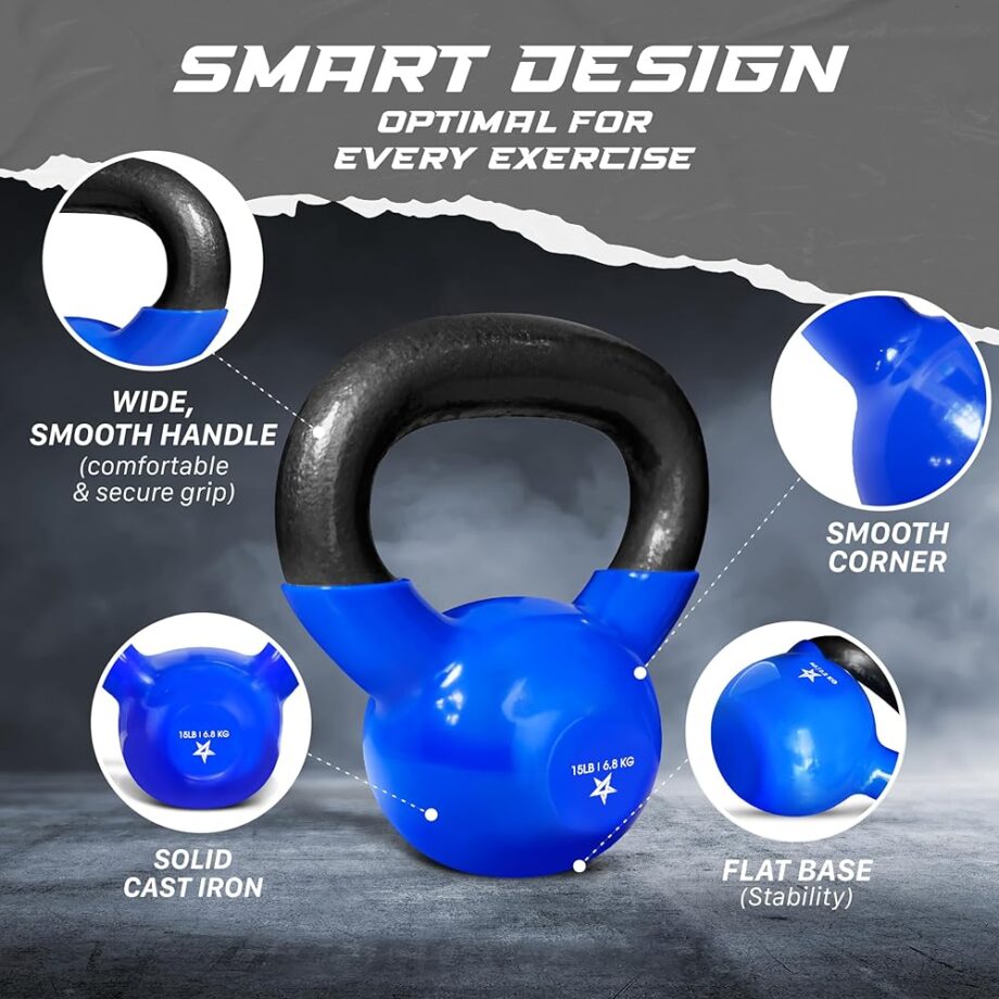 Yes4All Kettlebell, 15 lb Vinyl Coated Cast Iron Kettlebell Set of 2 for Home Gym Exercises, Heavy Weights Gym, Fitness, Full Body Workout Equipment, Push up, Grip, Strength Training - Blue