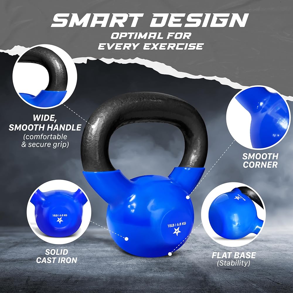 Yes4All Kettlebell, 15 lb Vinyl Coated Cast Iron Kettlebell Set of 2 for Home Gym Exercises, Heavy Weights Gym, Fitness, Full Body Workout Equipment, Push up, Grip, Strength Training - Blue