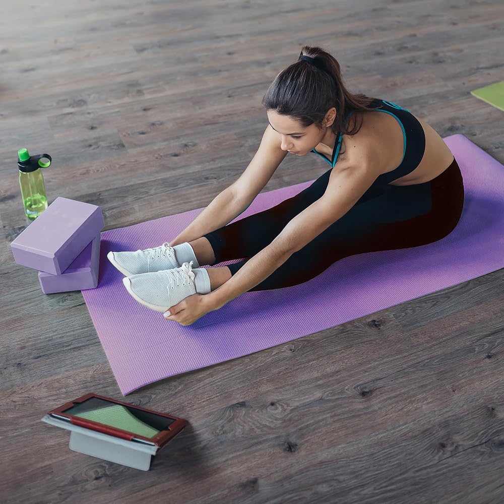 BalanceFrom GoYoga 7-Piece Set - Include Yoga Mat with Carrying Strap, 2 Yoga Blocks, Hand Towel and Knee Pad (Purple, 1/2"-Thick Mat)