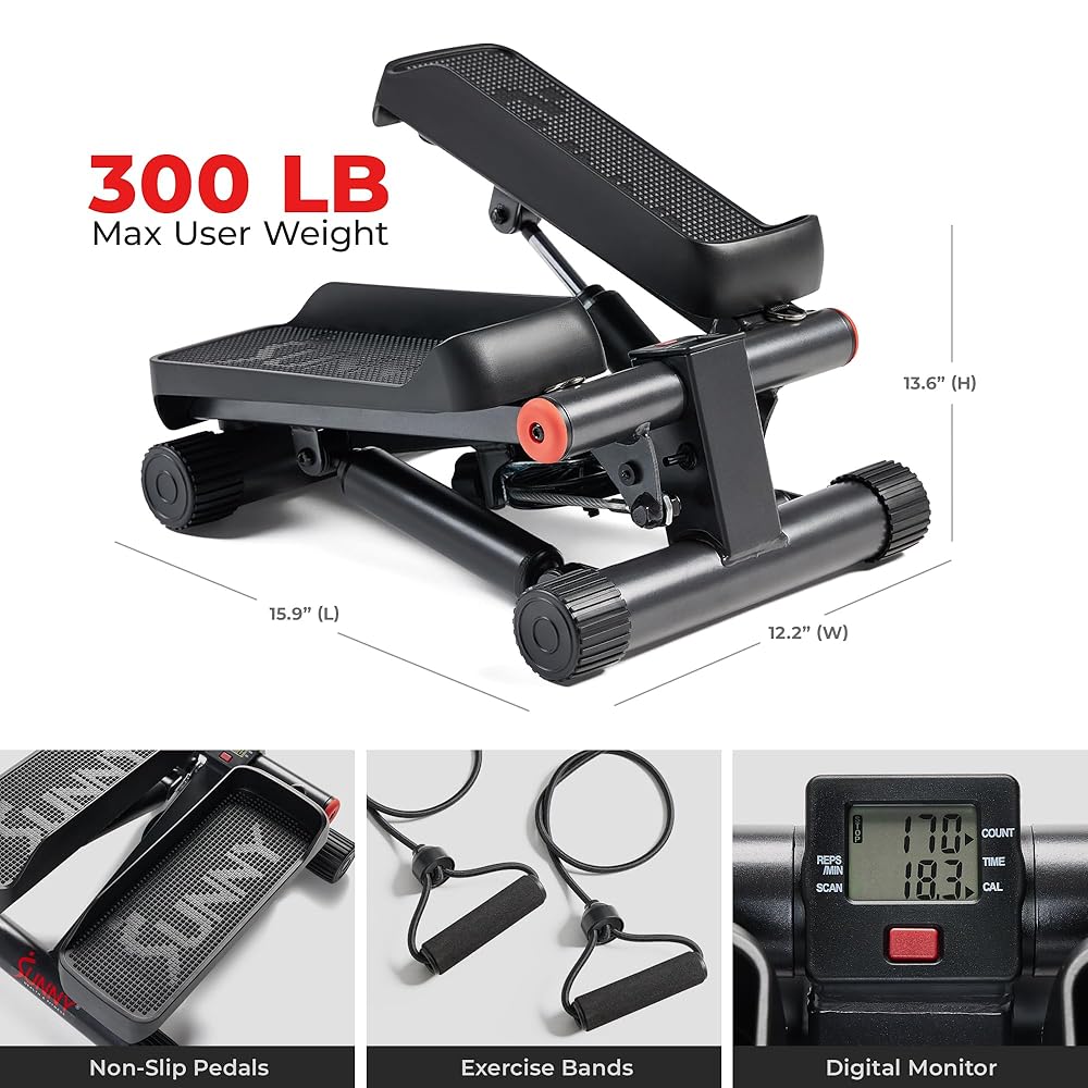 Sunny Health & Fitness Mini Steppers for Exercise at Home, Stair Step Workout Machine with Optional Resistance Bands, Full Body Cardio Equipment, Optional Free SunnyFit App Connection Smart Stepper