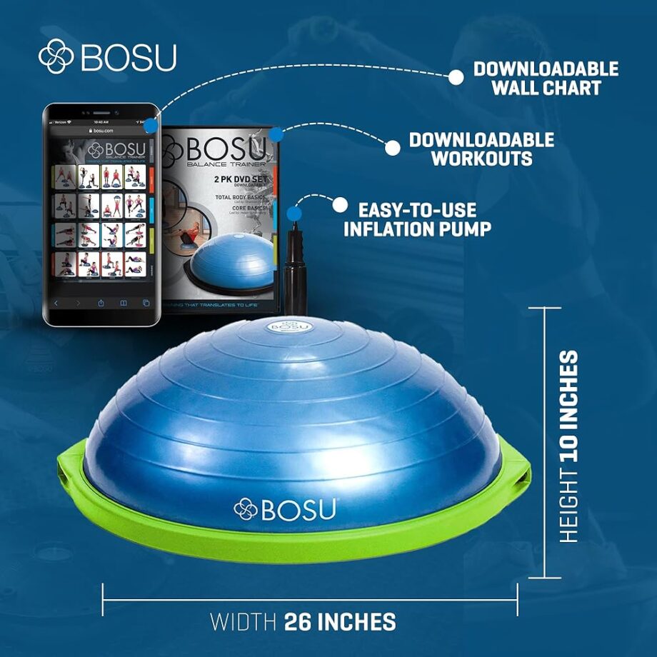 Bosu Home Gym Equipment the Original Balance Trainer Enhance Workout, Strength, Balance, and Flexibility with 26 Inches Diameter, Blue and Green