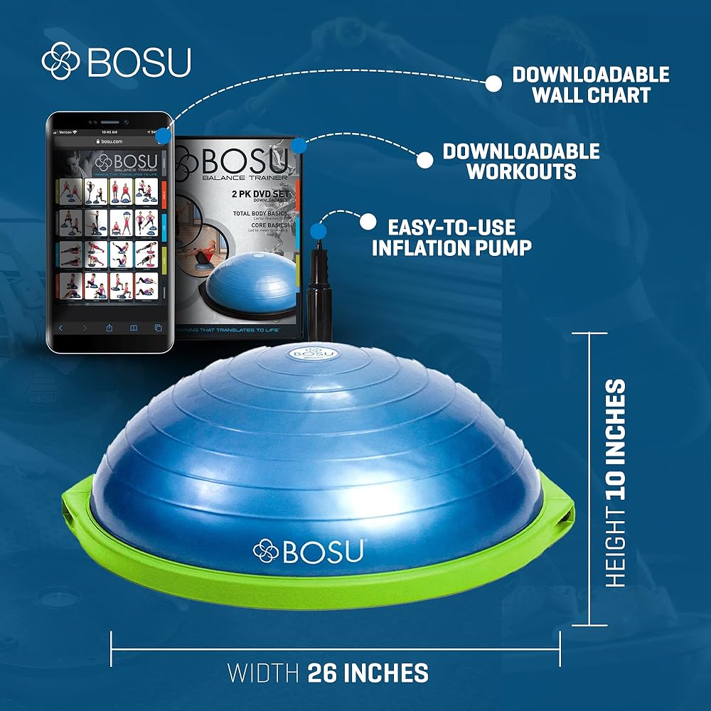 Bosu Home Gym Equipment the Original Balance Trainer Enhance Workout, Strength, Balance, and Flexibility with 26 Inches Diameter, Blue and Green