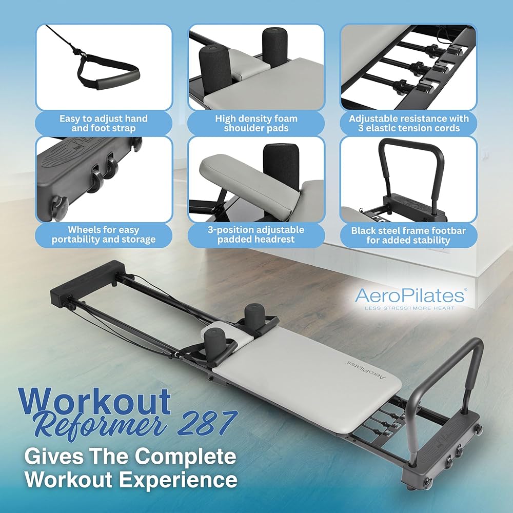 Stamina Products AeroPilates 287 Pilates Reformer – Home Gym Equipment with Adjustable Headrest, Padded Foot Bar, 3 Resistance Cords, and 2 Workout DVDs