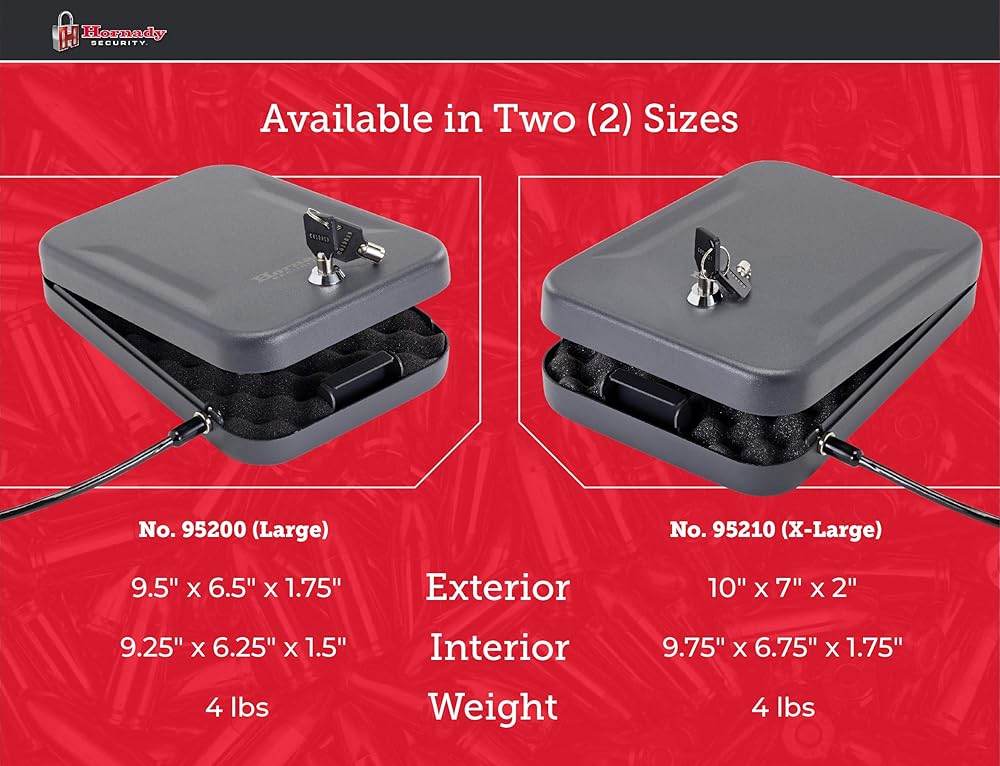 Hornady Portable Lock Box for Guns and Valuables - Includes 2 Keys and 4 Foot Steel Cable - Thick 16 Gauge Steel - An Ideal Portable Car Lock Box or Truck Safe - Large, Black, 9.5 x 6.5 x 1.75 Inches