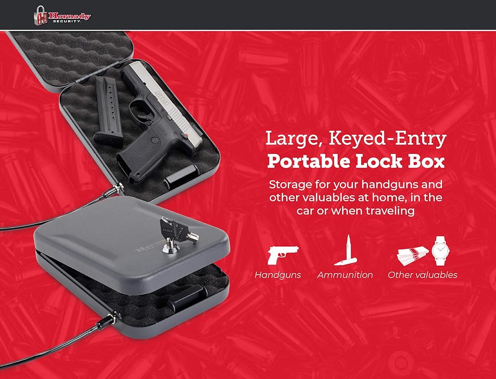 Hornady Portable Lock Box for Guns and Valuables - Includes 2 Keys and 4 Foot Steel Cable - Thick 16 Gauge Steel - An Ideal Portable Car Lock Box or Truck Safe - Large, Black, 9.5 x 6.5 x 1.75 Inches