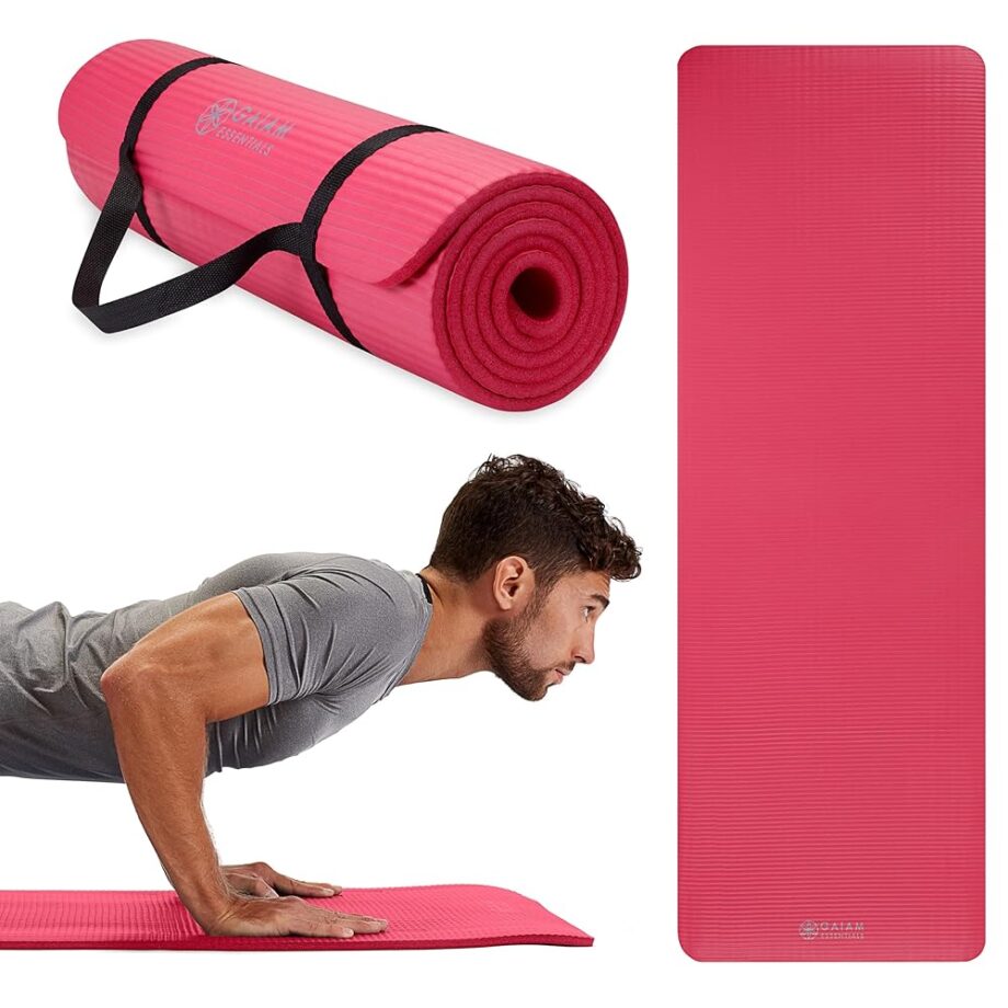 Gaiam Essentials Thick Yoga Mat Fitness & Exercise Mat with Easy-Cinch Carrier Strap, Pink, 72"L X 24"W X 2/5 Inch Thick