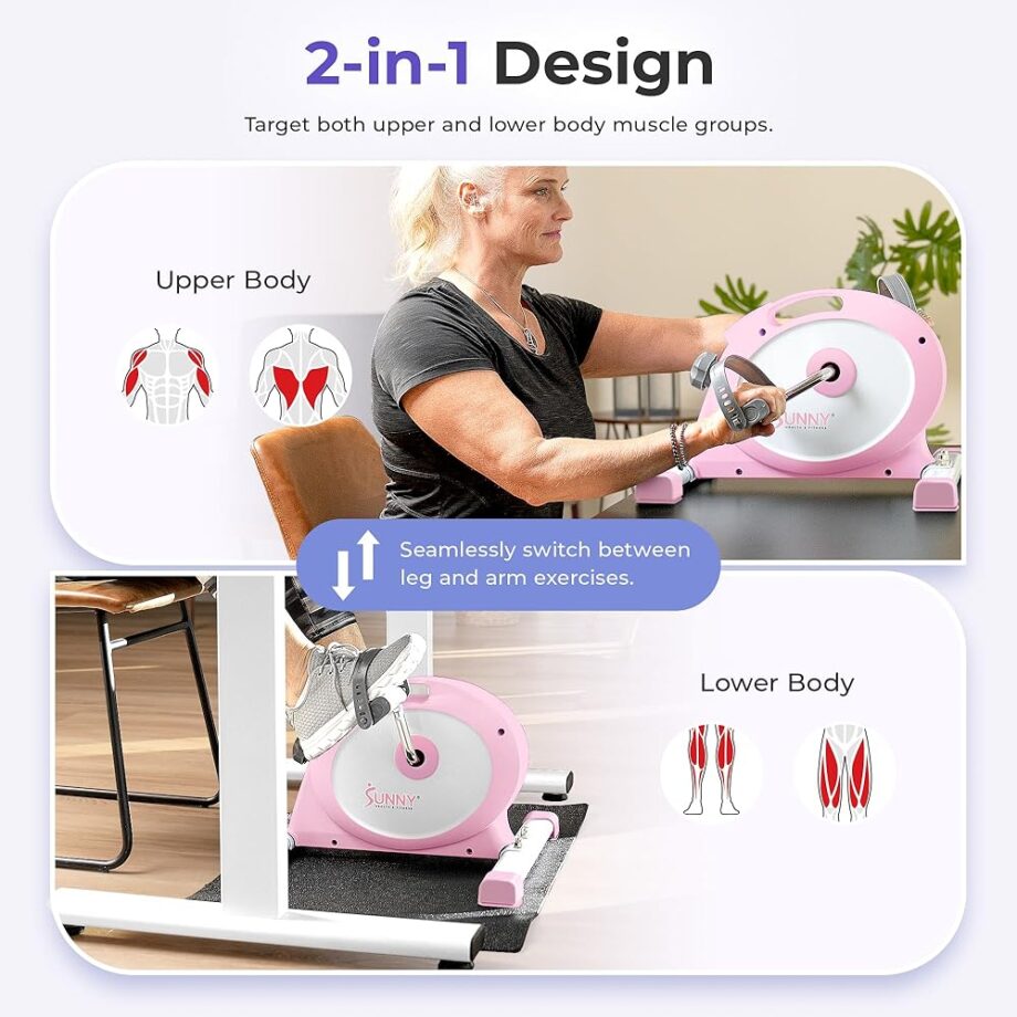 Sunny Health & Fitness (Pink) Under Desk Smart Mini Pedal Exerciser, Dual Function Exercise Cycle Bike with Low Profile Design - P2330