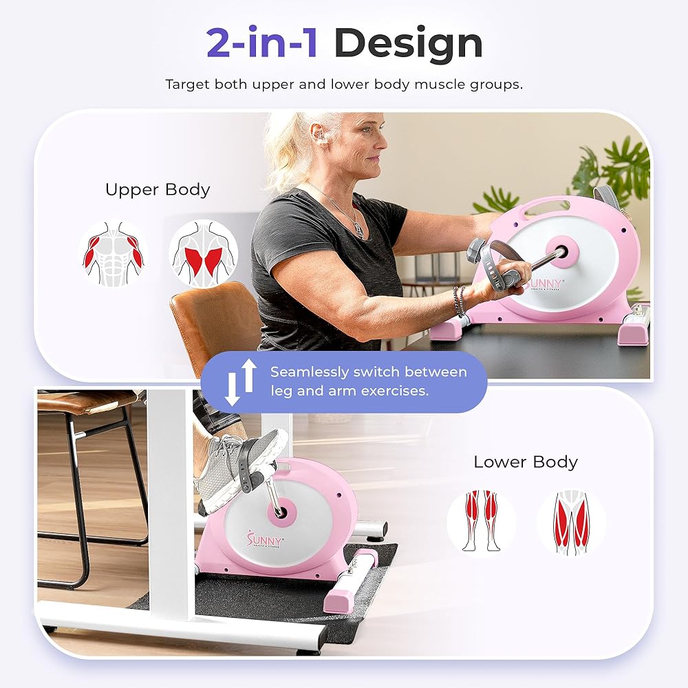 Sunny Health & Fitness (Pink) Under Desk Smart Mini Pedal Exerciser, Dual Function Exercise Cycle Bike with Low Profile Design - P2330