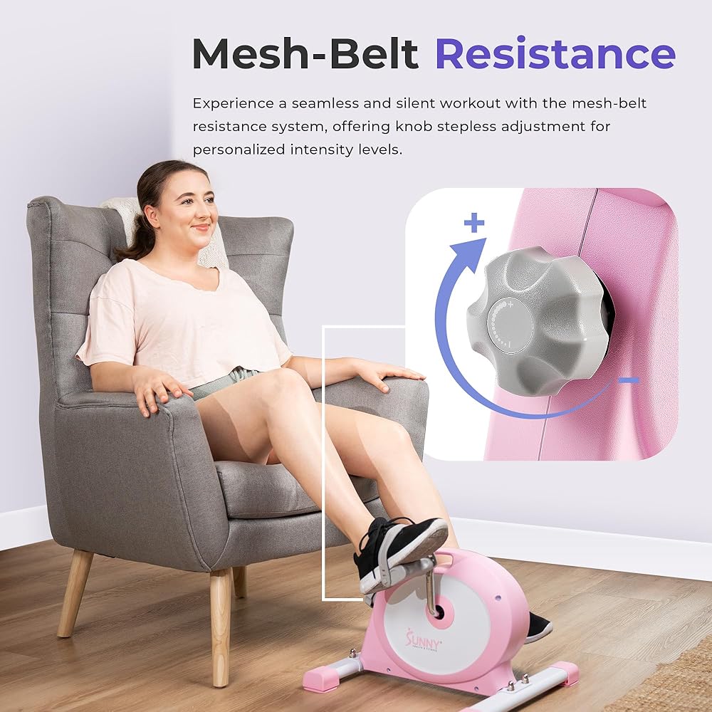 Sunny Health & Fitness (Pink) Under Desk Smart Mini Pedal Exerciser, Dual Function Exercise Cycle Bike with Low Profile Design - P2330
