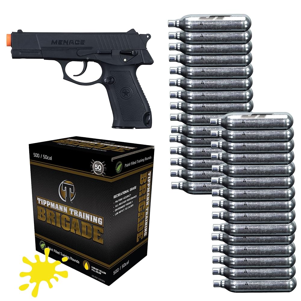 Tippmann Menace 50cal Paintball Pistol Bundle with 7rd Mag, 30ct 12g CO2 Cylinders and 500ct Paintballs