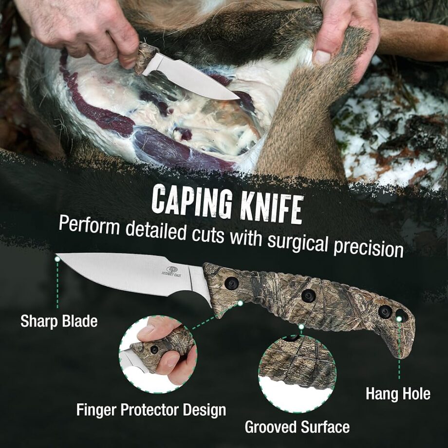 Mossy Oak Field Dressing Kit, 4 Pcs Camouflage Hunting Knife Set with Sheath, Gut-Hook Skinner, Caping Knife, Wood/Bone Saw, Knife Sharpener, for Deer Hunting, Camping, Perfect Hunting Gifts for Men