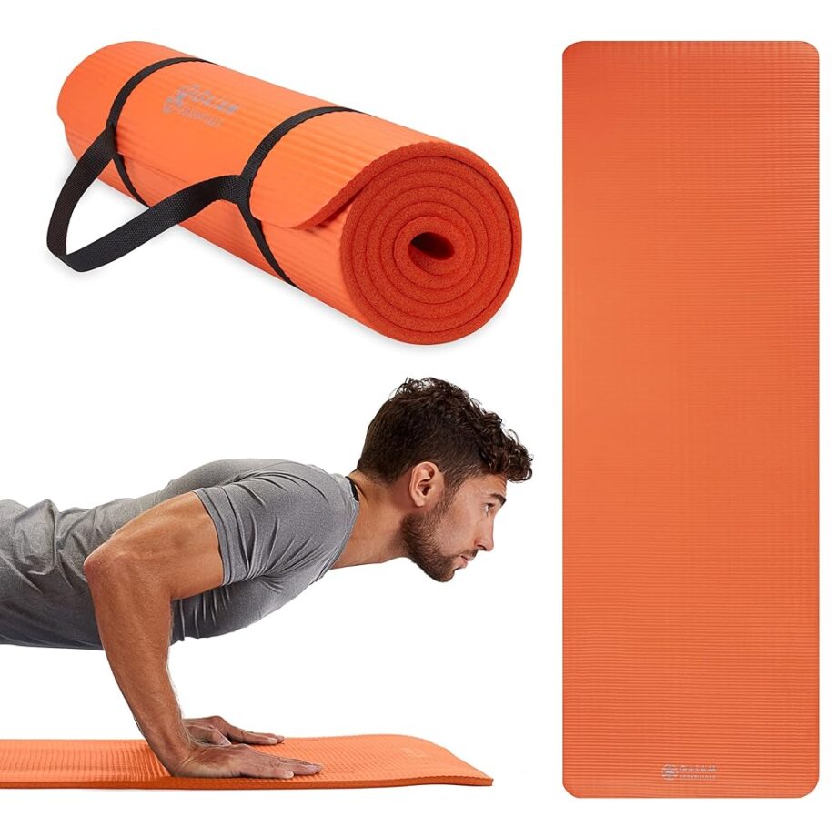 Gaiam Essentials Thick Yoga Mat Fitness & Exercise Mat with Easy-Cinch Carrier Strap, Orange, 72""L X 24""W X 2/5 Inch Thick-10mm