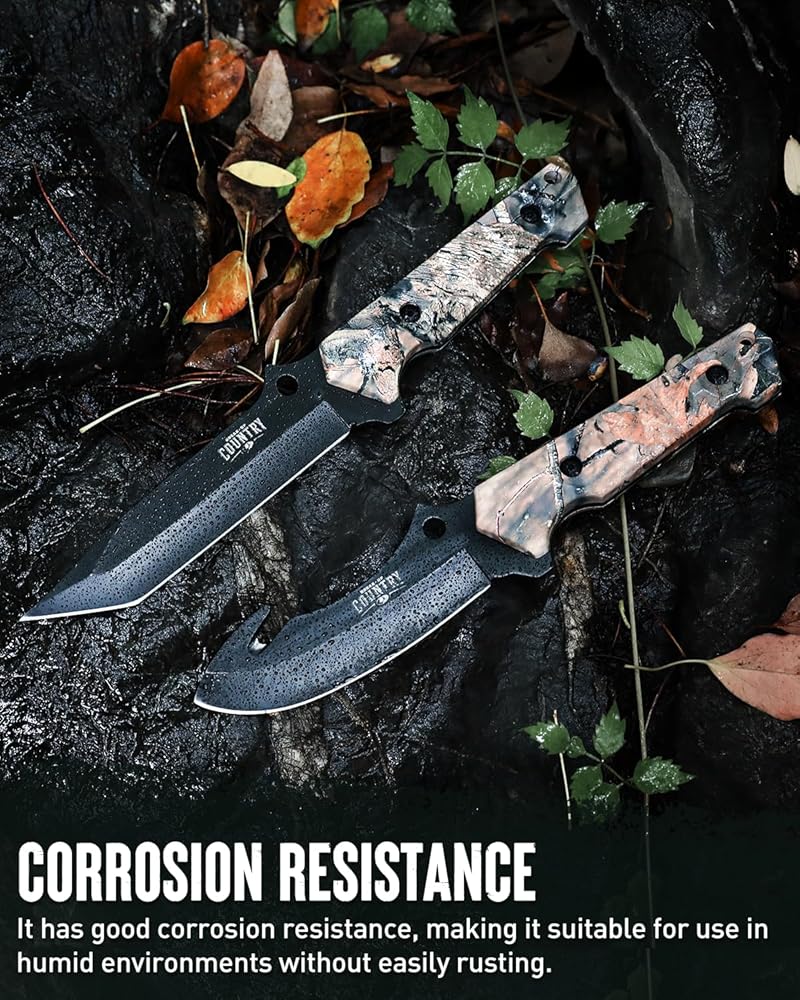 Mossy Oak Fixed Blade Hunting Knife Set - 2 Piece, Full Tang Handle Straight Edge and Gut Hook Blades Game Processing Knife, Sheath Included - Yellow Camo