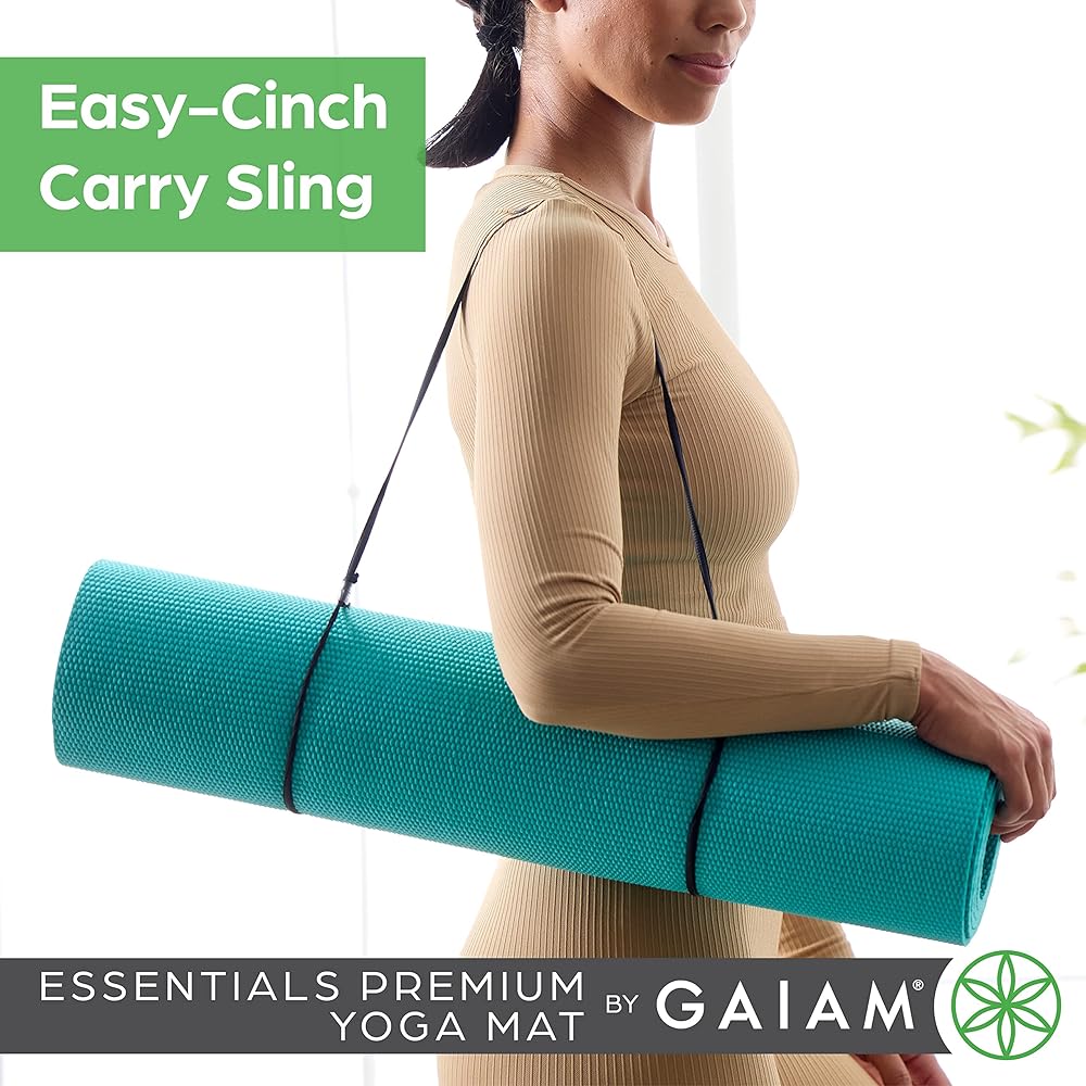 Gaiam Essentials Premium Yoga Mat with Carrier Sling, Black, 72 InchL x 24 InchW x 1/4 Inch Thick