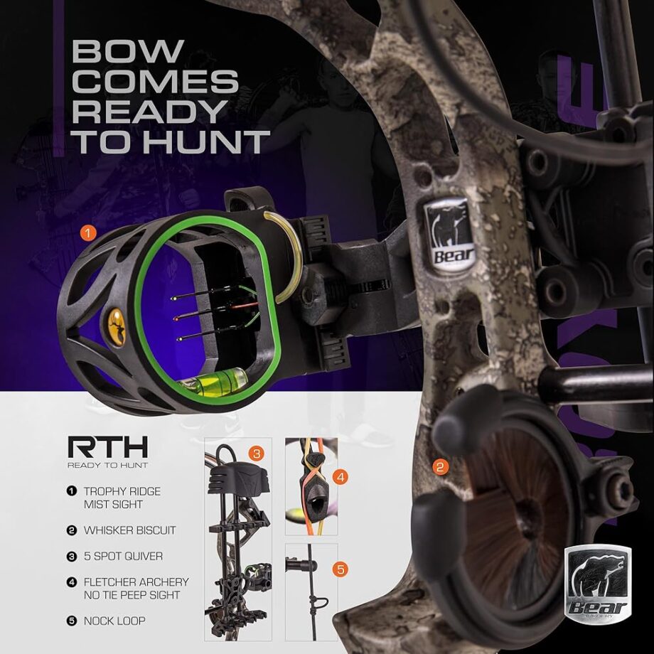 Bear Archery Royale Ready to Hunt Compound Bow Package for Adults and Youth, Left Hand, Mossy Oak Break Up Country DNA
