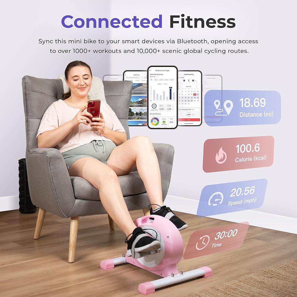 Sunny Health & Fitness (Pink) Under Desk Smart Mini Pedal Exerciser, Dual Function Exercise Cycle Bike with Low Profile Design - P2330
