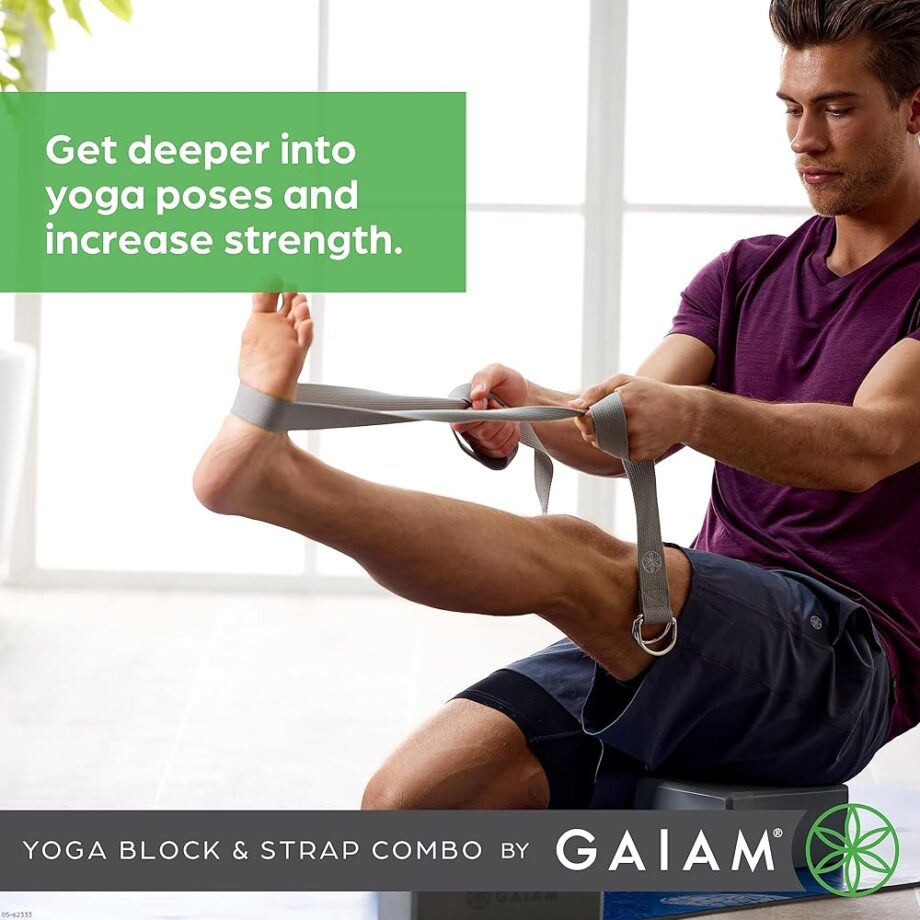 Gaiam Yoga Block & Yoga Strap Combo Set - Yoga Block with Strap, Pilates & Yoga Props to Help Extend & Deepen Stretches, Yoga Kit for Stability, Balance & Optimal Alignment - Black