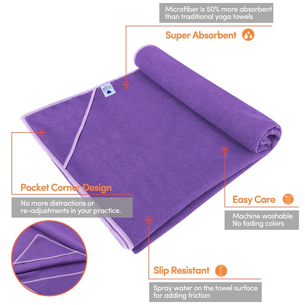 IUGA Yoga Towel for Hot Yoga Non Slip Extra Thick Yoga Mat Towel + Hand Towel 2in1 Set with Corner Pockets Super Absorbent and Quick Dry Hot Yoga Towel