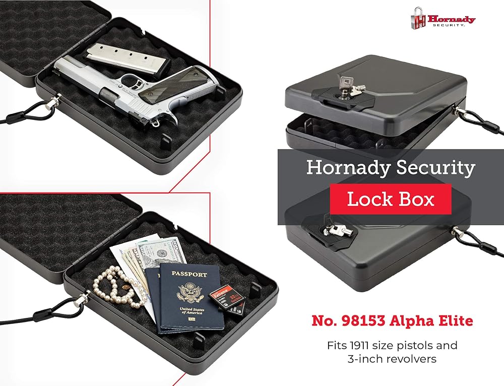 Hornady Alpha Elite Portable Lock Box for Guns and Valuables – Includes 2 Keys and 4 Foot Steel Cable – Thick 16-Gauge Steel, an Ideal Car Lock Box or Truck Safe – Black, 10.25 x 8 x 2.75 Inches