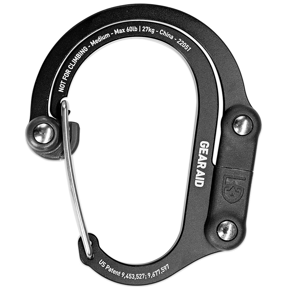 GEAR AID HEROCLIP Carabiner Gear Clip and Hook (Medium) for Camping, Backpack, and Garage Organization, Stealth Black, 2 Pack
