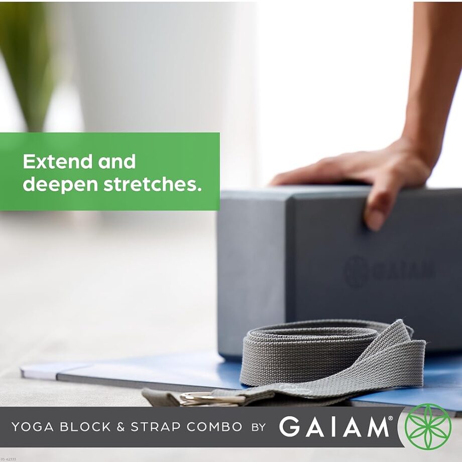 Gaiam Yoga Block & Yoga Strap Combo Set - Yoga Block with Strap, Pilates & Yoga Props to Help Extend & Deepen Stretches, Yoga Kit for Stability, Balance & Optimal Alignment - Black