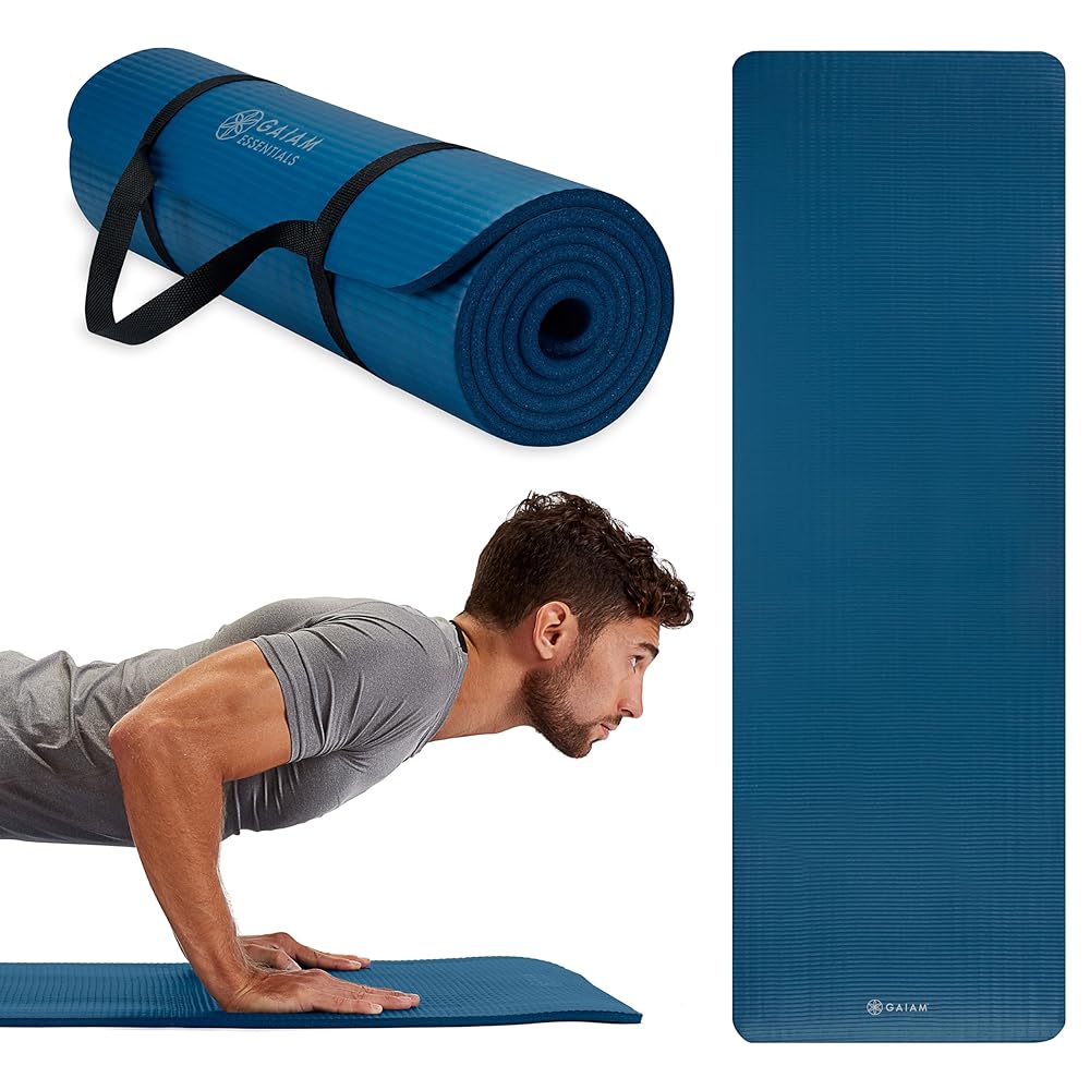 Gaiam Essentials Thick Yoga Mat Fitness & Exercise Mat with Easy-Cinch Carrier Strap, Navy, 72"L X 24"W X 2/5 Inch Thick, 10mm