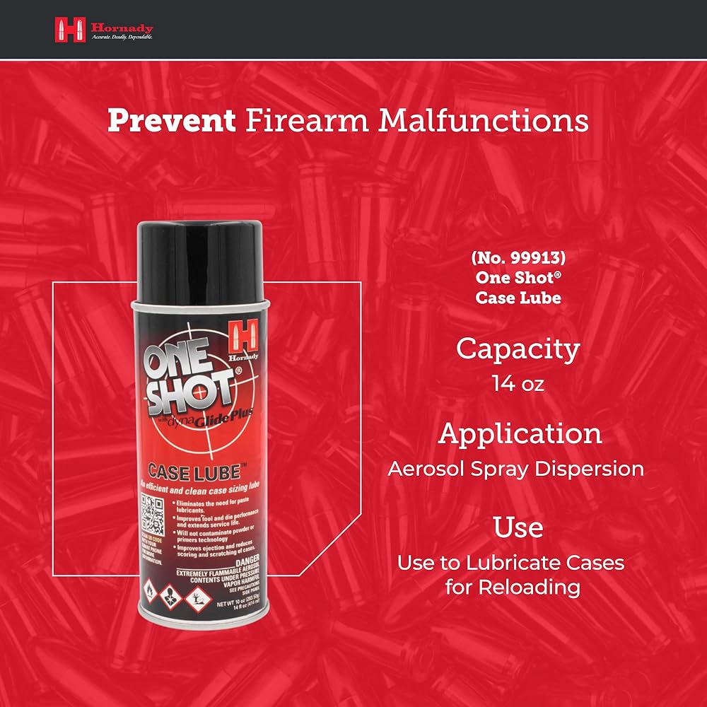 Hornady One Shot Case Lube, 10 oz / 14 fl oz – Aerosol Dry Lube, with DynaGlide Plus – Clean, Non-Sticky and Easy to Use – Contains No Petroleum, Won't Contaminate Powder or Primers