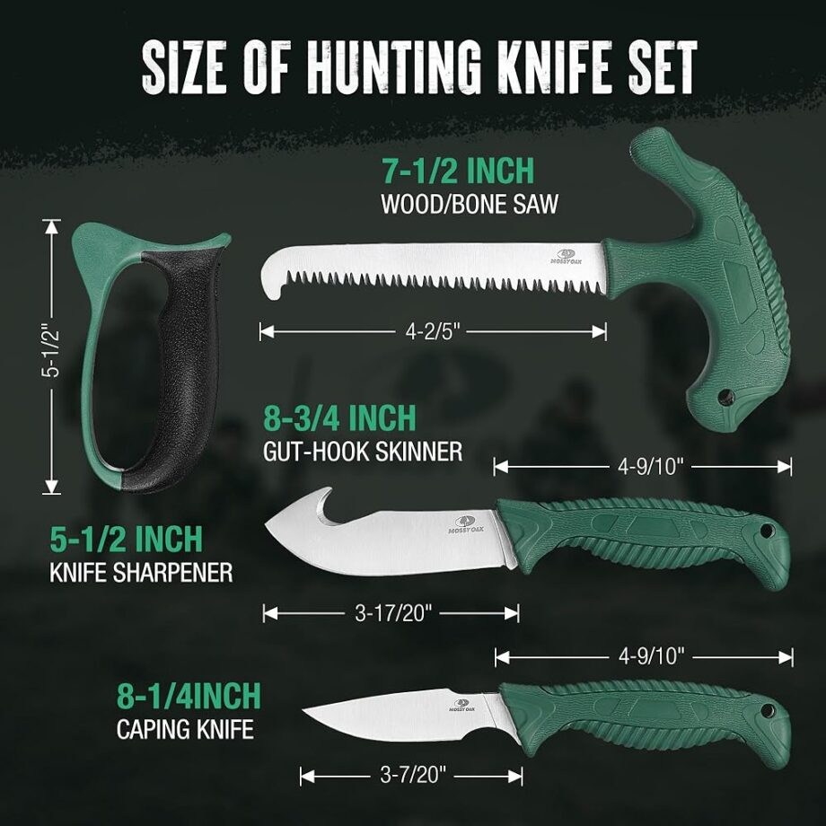 Mossy Oak Field Dressing Kit, 4 Pcs Hunting Knife Set with Portable Sheath, Gut-Hook Skinner, Caping Knife, Wood/Bone Saw, Knife Sharpener, for Deer Hunting, Camping, Perfect Hunting Gifts for Men